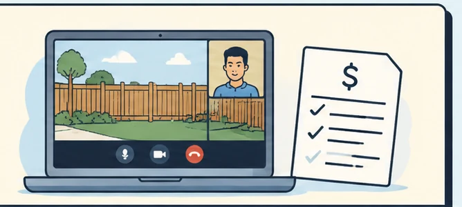 Illustration of a laptop on a Zoom call showing a wood fence and a quote document with checkmarks — representing the Zoom walkthrough + live quote step.