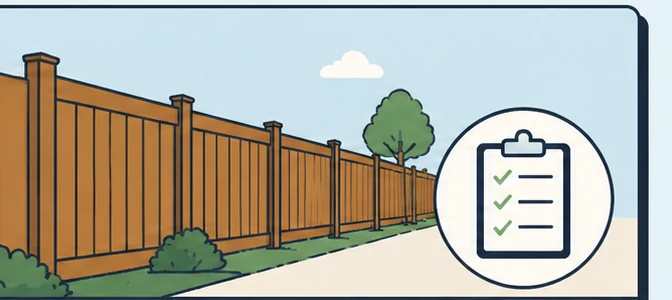 Illustration of a finished wood fence with a permit clipboard showing green checkmarks — representing the permit + build + handoff step.